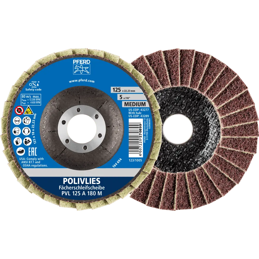 Produktfoto 1 von PFERD TOOLS POLIVLIES-Fächerscheibe PVL Korund Ø 125 mm Bohrung 22,23 mm A180M für Feinschliff, 5 Stk.