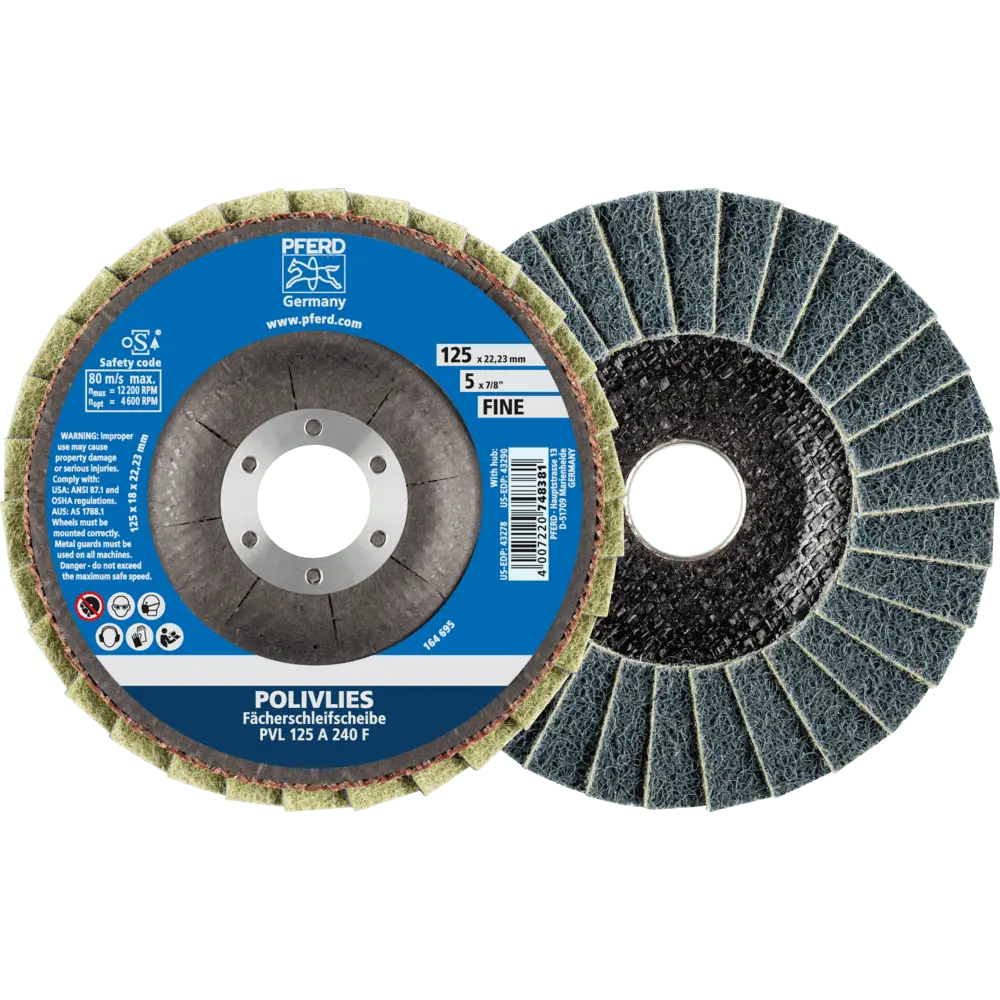 Produktfoto 1 von PFERD TOOLS POLIVLIES-Fächerscheibe PVL Korund Ø 125 mm Bohrung 22,23 mm A240F für Feinschliff, 5 Stk.