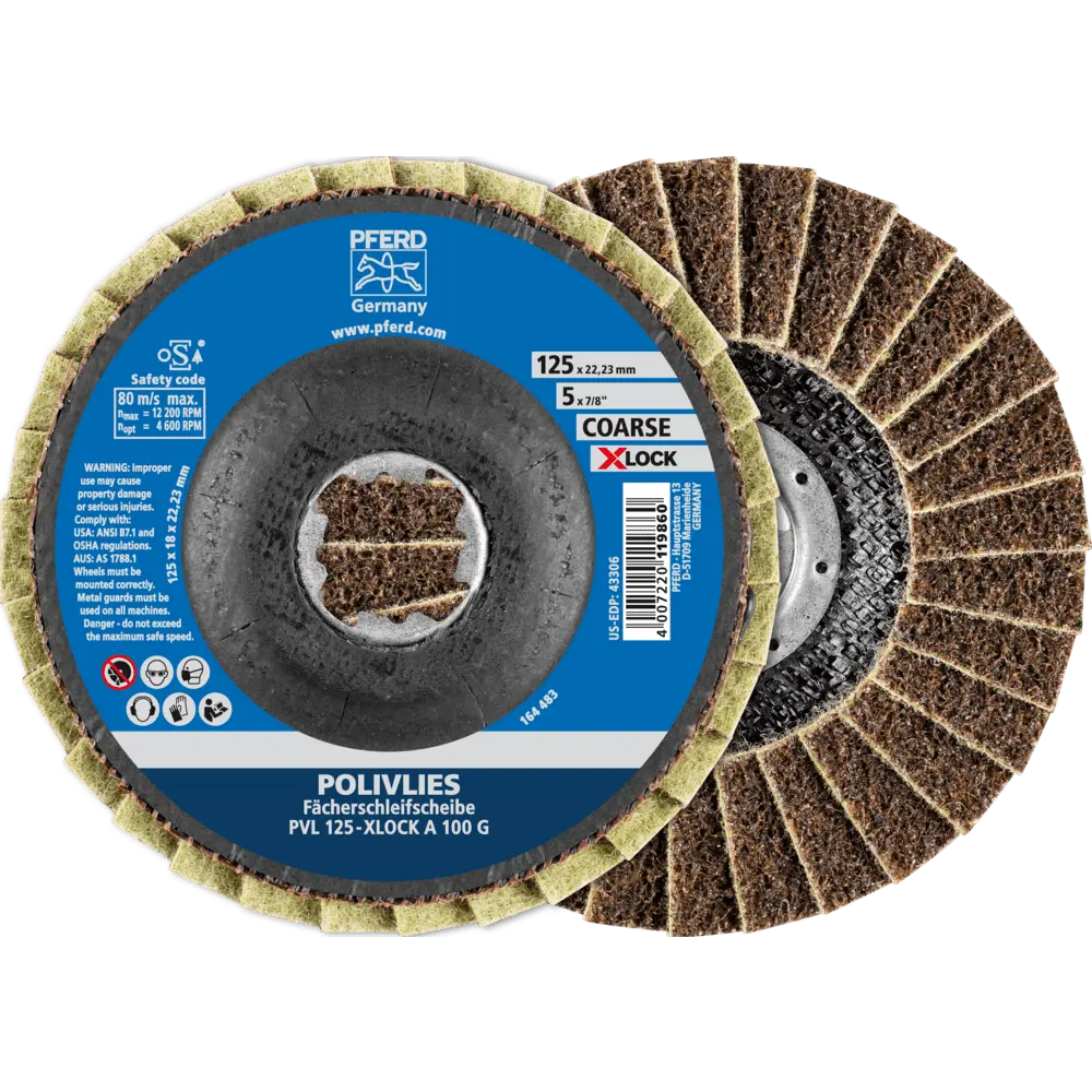 PFERD TOOLS POLIVLIES-Fächerscheibe PVL Korund Ø 125 mm Bohrung 22,23 mm/X-LOCK A100G für Feinschliff, 5 Stk.
