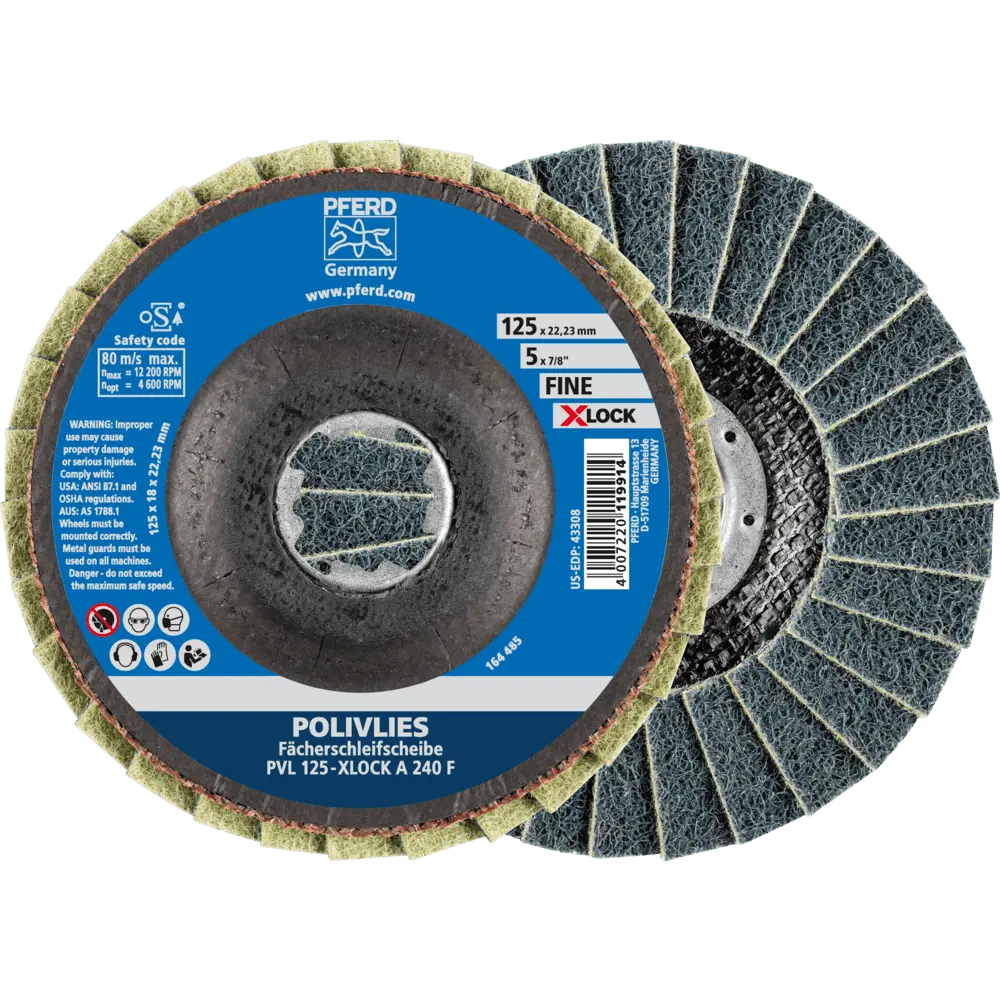 Produktfoto 1 von PFERD TOOLS POLIVLIES-Fächerscheibe PVL Korund Ø 125 mm Bohrung 22,23 mm/X-LOCK A240F für Feinschliff, 5 Stk.