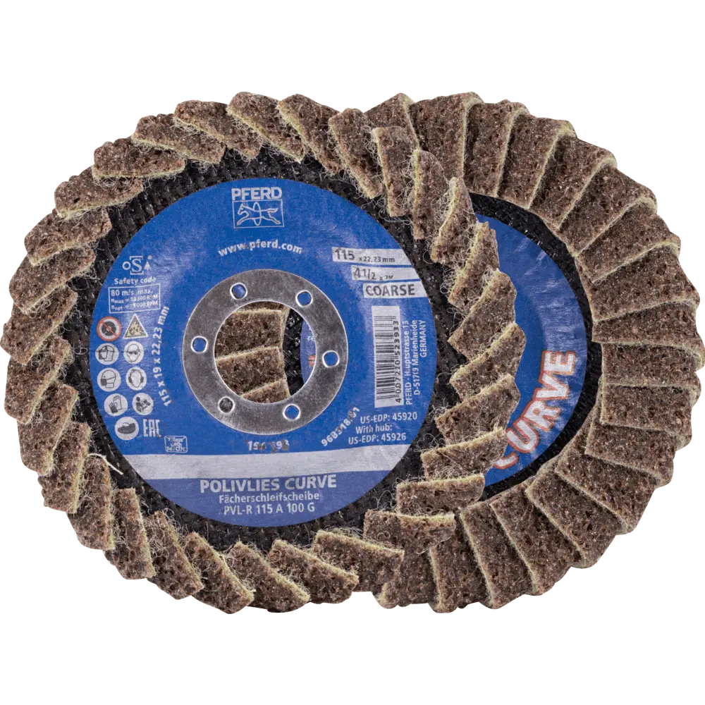 Produktfoto 1 von PFERD TOOLS POLIVLIES-CURVE Lamellenscheibe PVL-R Korund Ø 115 mm Bohrung 22,23 mm A100G für Feinschliff für Kehlnahtbearbeitung, 5 Stk.