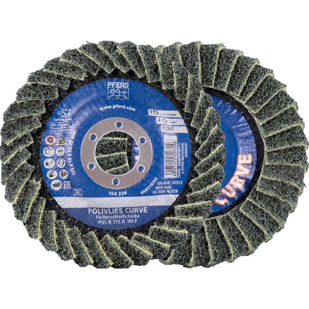 Produktfoto 1 von PFERD TOOLS POLIVLIES-CURVE Lamellenscheibe PVL-R Korund Ø 115 mm Bohrung 22,23 mm A240M für Feinschliff für Kehlnahtbearbeitung, 5 Stk.