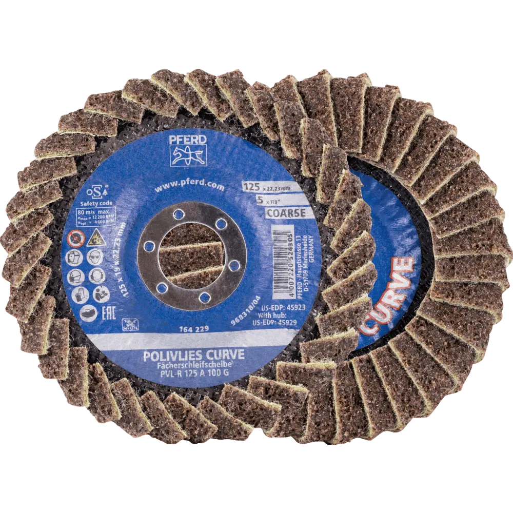 Produktfoto 1 von PFERD TOOLS POLIVLIES-CURVE Lamellenscheibe PVL-R Korund Ø 125 mm Bohrung 22,23 mm A100G für Feinschliff für Kehlnahtbearbeitung, 5 Stk.