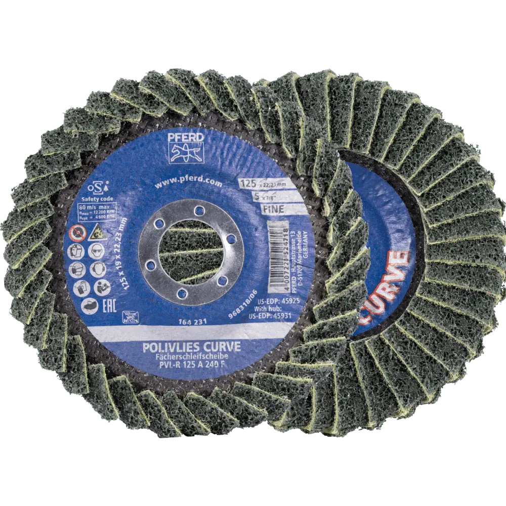 PFERD TOOLS POLIVLIES-CURVE Lamellenscheibe PVL-R Korund Ø 125 mm Bohrung 22,23 mm A240M für Feinschliff für Kehlnahtbearbeitung, 5 Stk.