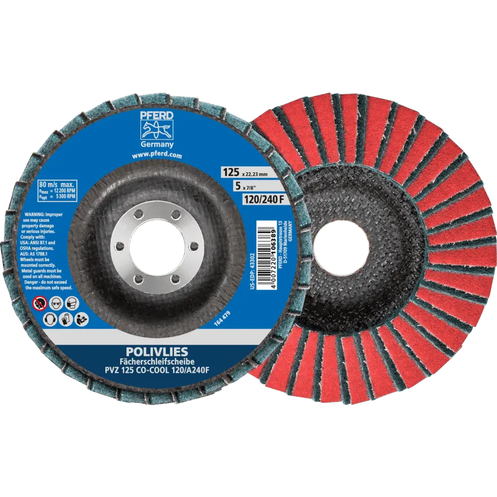 Produktfoto 1 von PFERD TOOLS POLIVLIES-Fächerscheibe PVZ Keramik Ø 125 mm Bohrung 22,23 mm CO-COOL120/A240F für Feinschliff, 5 Stk.