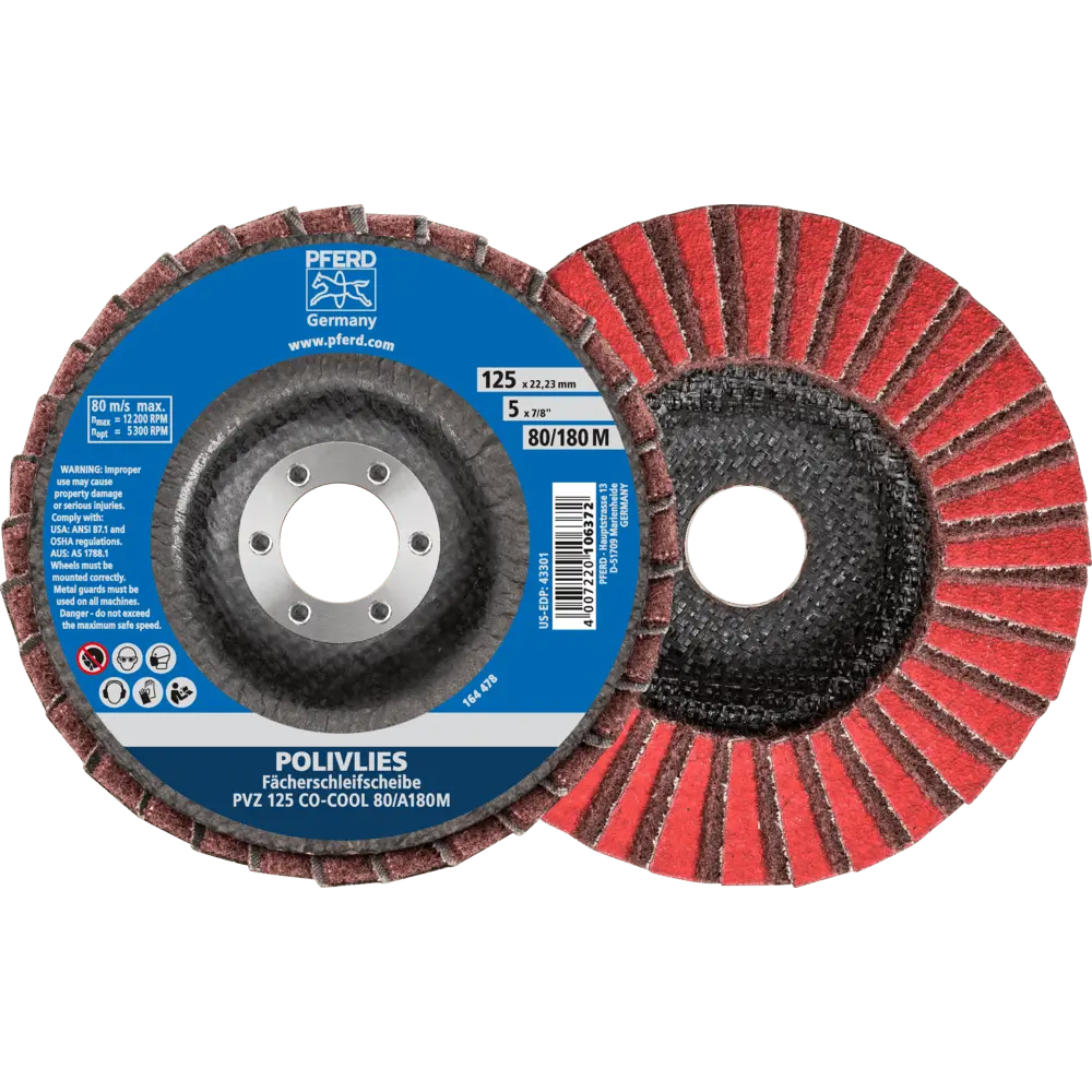 Produktfoto 1 von PFERD TOOLS POLIVLIES-Fächerscheibe PVZ Keramik Ø 115 mm Bohrung 22,23 mm CO-COOL80/A180M für Feinschliff, 5 Stk.