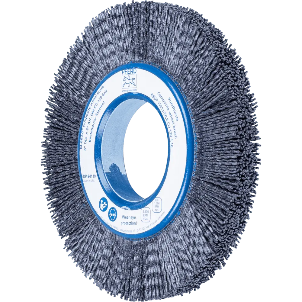 Produktfoto 1 von PFERD TOOLS COMPOSITE Rundbürste RBUP Ø 150x13x50,8 mm Bohrung Keramik-Filament-Ø 1,10mm Korn 120 stationär