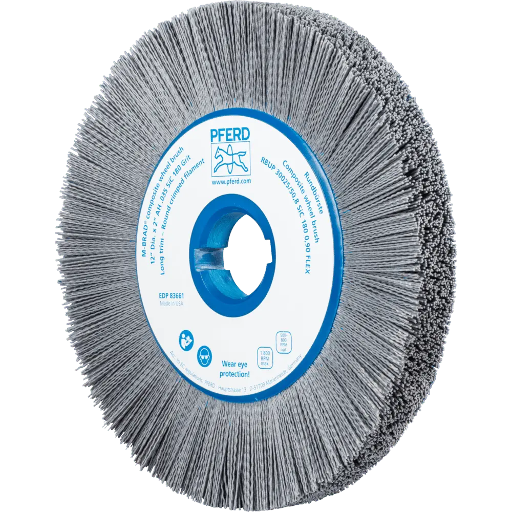 Produktfoto 1 von PFERD TOOLS COMPOSITE FLEX Rundbürste RBUP Ø 300x25x50,8 mm Bohrung SiC-Filament-Ø 0,90mm Korn 180 stationär
