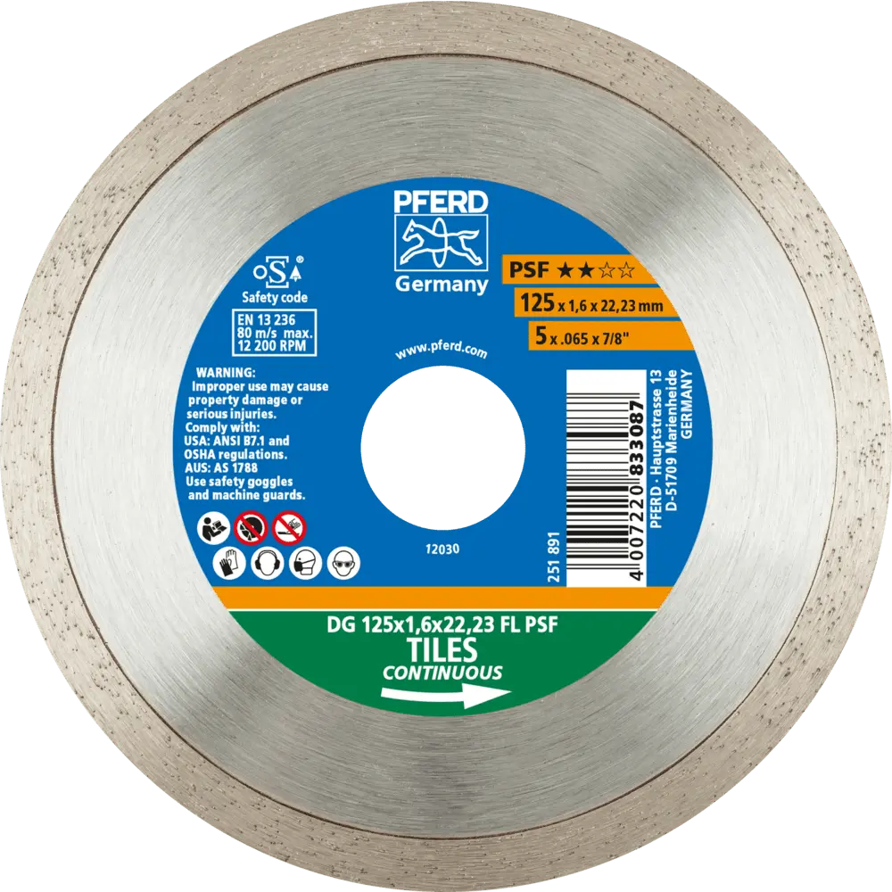Produktfoto 1 von PFERD TOOLS Diamant-Trennscheibe DG FL 125x1,6x22,23 mm PSF z. Trennen v. Fliesen, hohe Schnittqualität