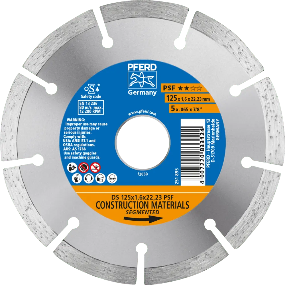 Produktfoto 1 von PFERD TOOLS Diamant-Trennscheibe DS 125x1,6x22,23 mm PSF für schnelles Trennen von Stein und Beton