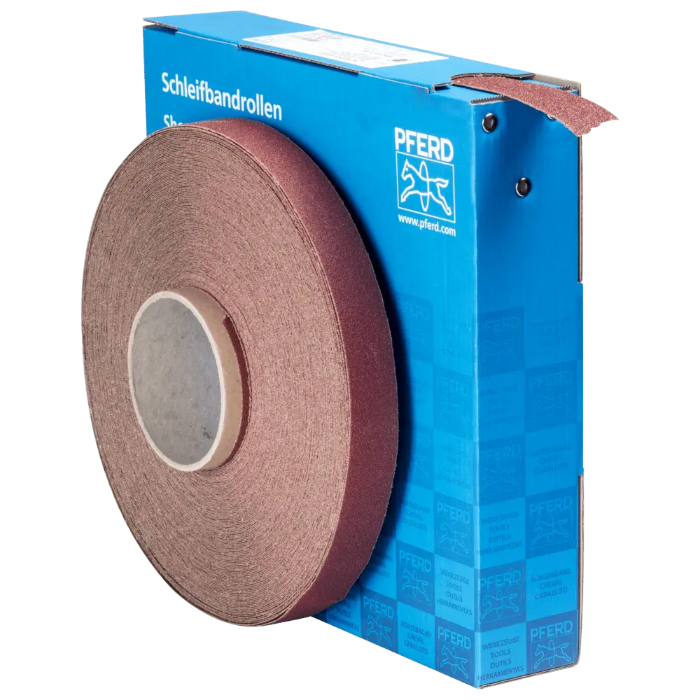 Produktfoto 1 von PFERD TOOLS Korund Schleifbandrolle Gewebe SBR Breite 25 mmxLänge 50m A60 für universelle Anwendung
