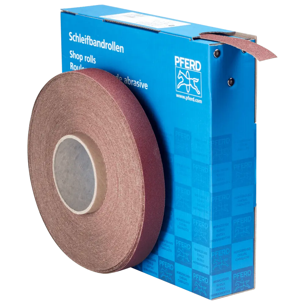 Produktfoto 1 von PFERD TOOLS Korund Schleifbandrolle Gewebe SBR Breite 25 mmxLänge 50m A100 für universelle Anwendung
