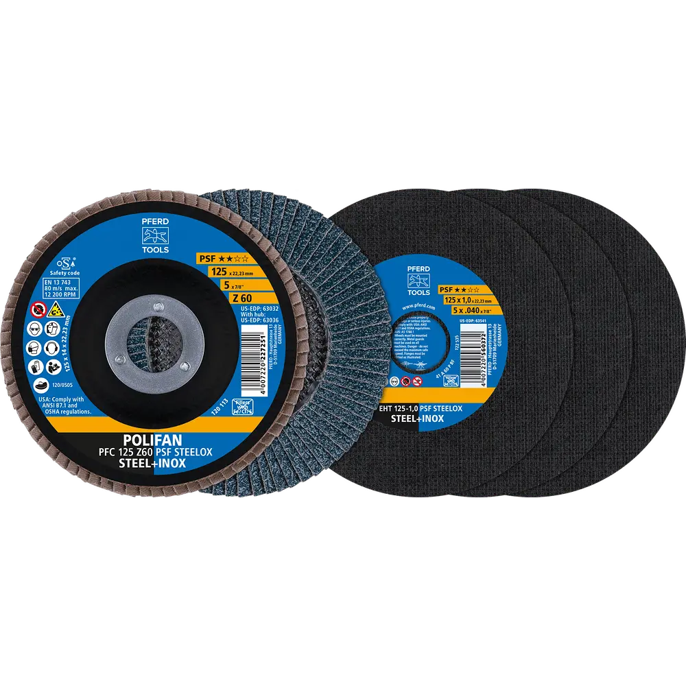 Produktfoto 1 von PFERD TOOLS Trenn-/Fächerscheiben-Set 125 Universallinie PSF STEELOX EHT 1,0/PFC Z60 für Stahl/Edelstahl