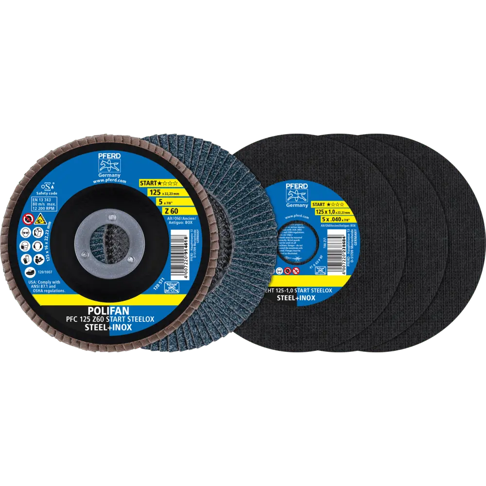 Produktfoto 1 von PFERD TOOLS Trenn-/Fächerscheiben-Set 125 Start-Linie START STEELOX EHT 1,0/PFC Z60 für Stahl/Edelstahl
