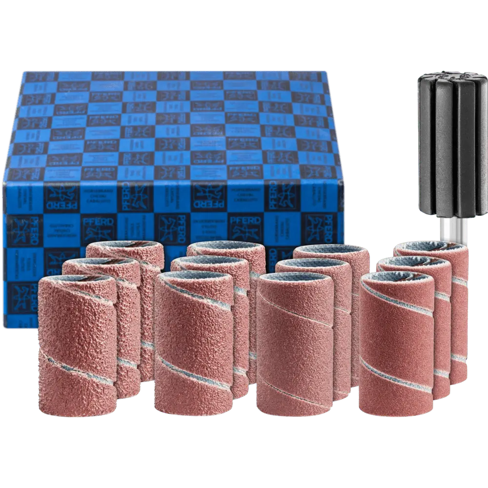 Produktfoto 1 von PFERD TOOLS Schleifhülsen-Set 13-tlg. Korund Ø 15x30mm A60,80,150,240 mit Halter Schaft-Ø 6 mm
