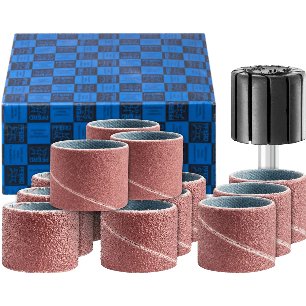 Produktfoto 1 von PFERD TOOLS Schleifhülsen-Set 13-tlg. Korund Ø 22x20mm A60,80,150,240 mit Halter Schaft-Ø 6 mm