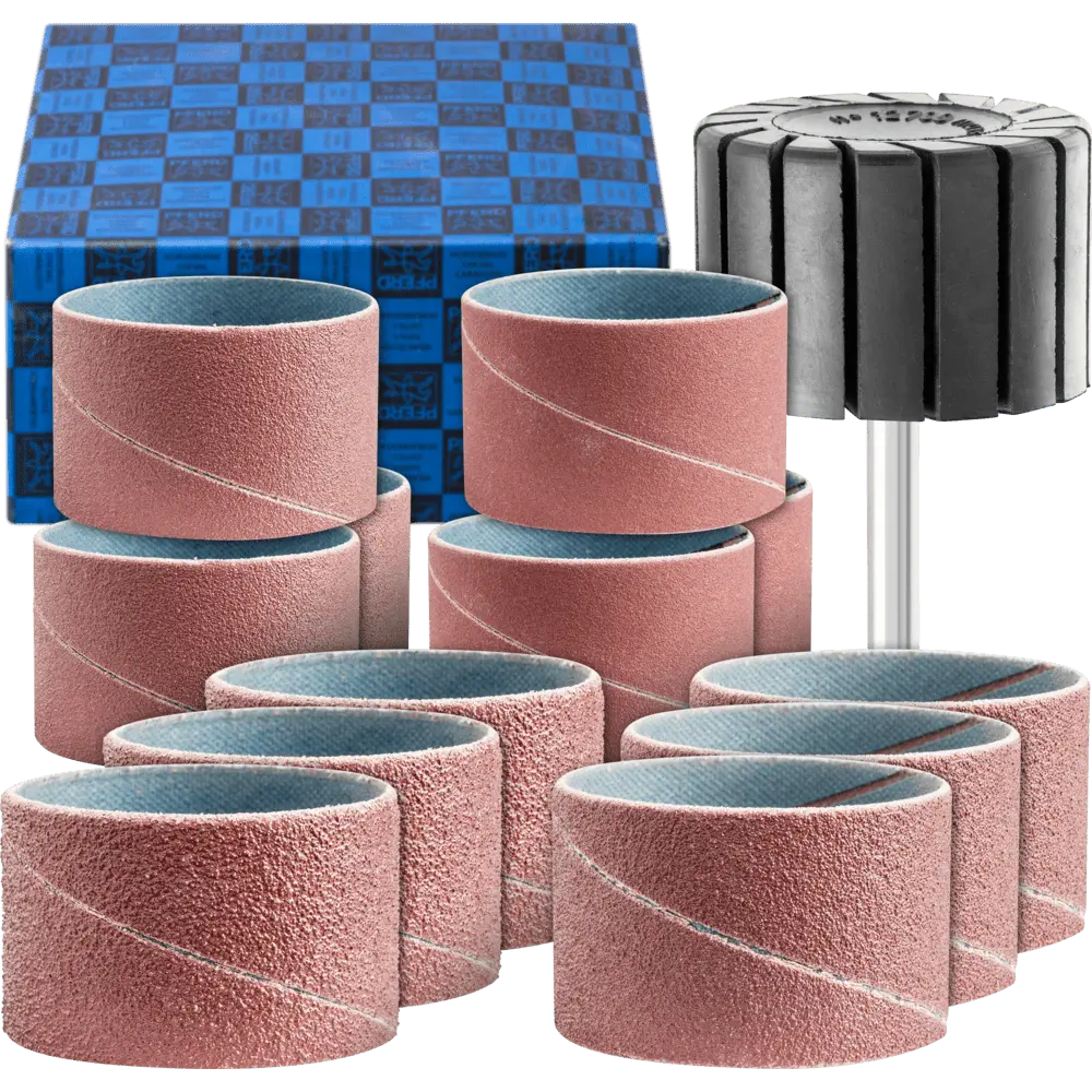 Produktfoto 1 von PFERD TOOLS Schleifhülsen-Set 13-tlg. Korund Ø 45x30mm A40,60,80,150 mit Halter Schaft-Ø 6 mm