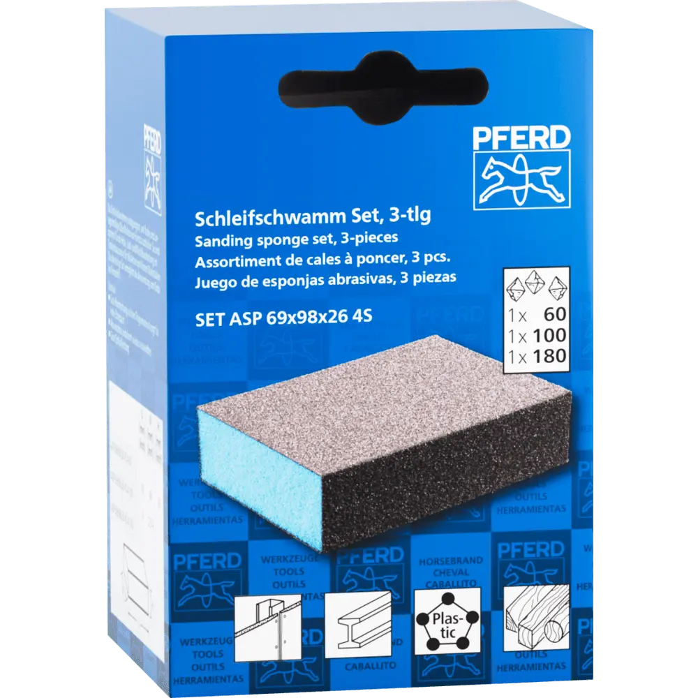 Produktfoto 1 von PFERD TOOLS Wasserfester Schleifschwamm Set 69x98x26 mm A60,A100,A180 vierseitig für universelle Anwendung