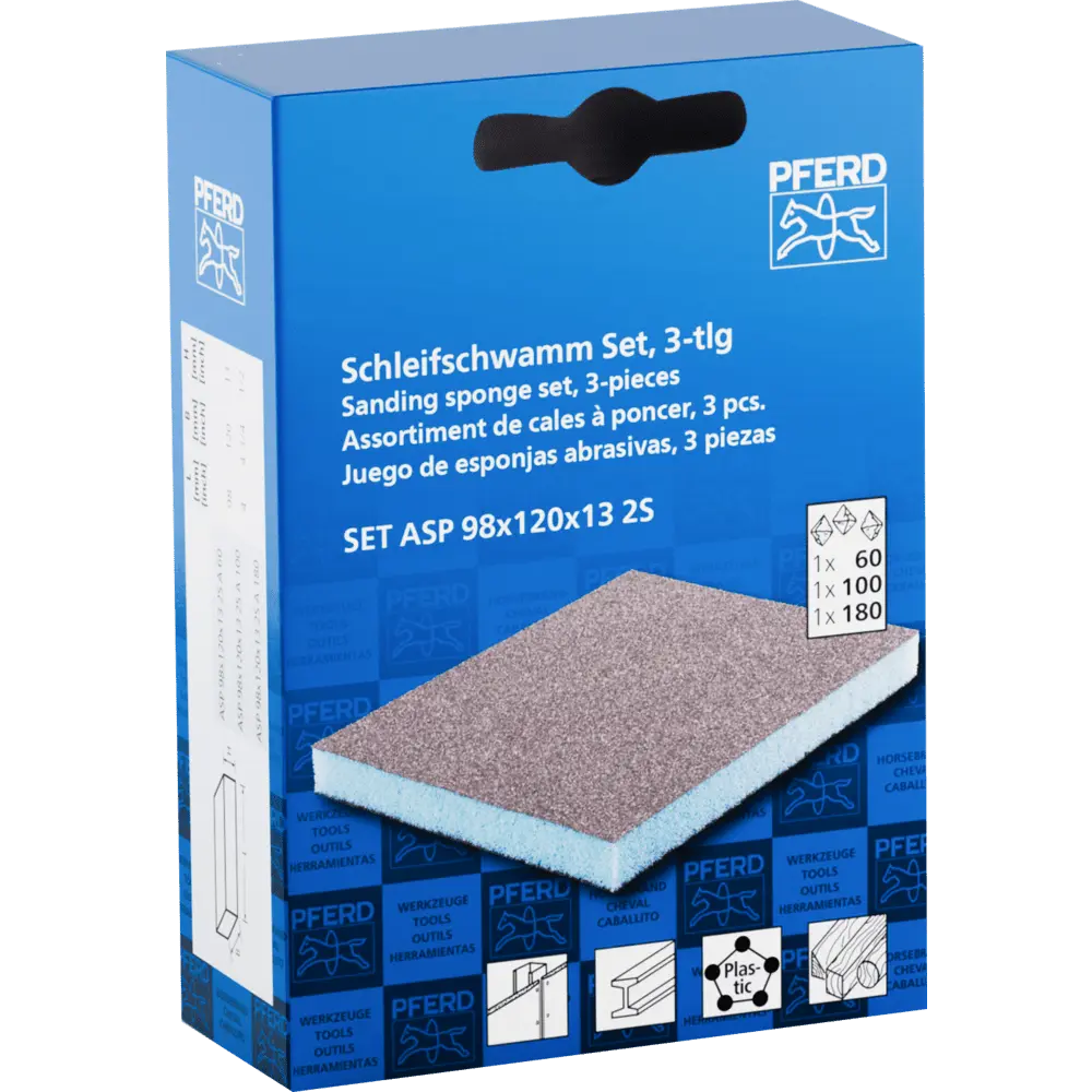 Produktfoto 1 von PFERD TOOLS Wasserfester Schleifschwamm 98x120x13 mm A60,A100,A180 zweiseitig für universelle Anwendung