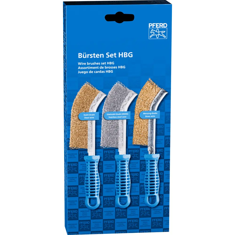 Produktfoto 1 von PFERD TOOLS POS Bürsten Set HBG 1reihig Edelstahl-Stahl-Messing-Draht-Ø0,30