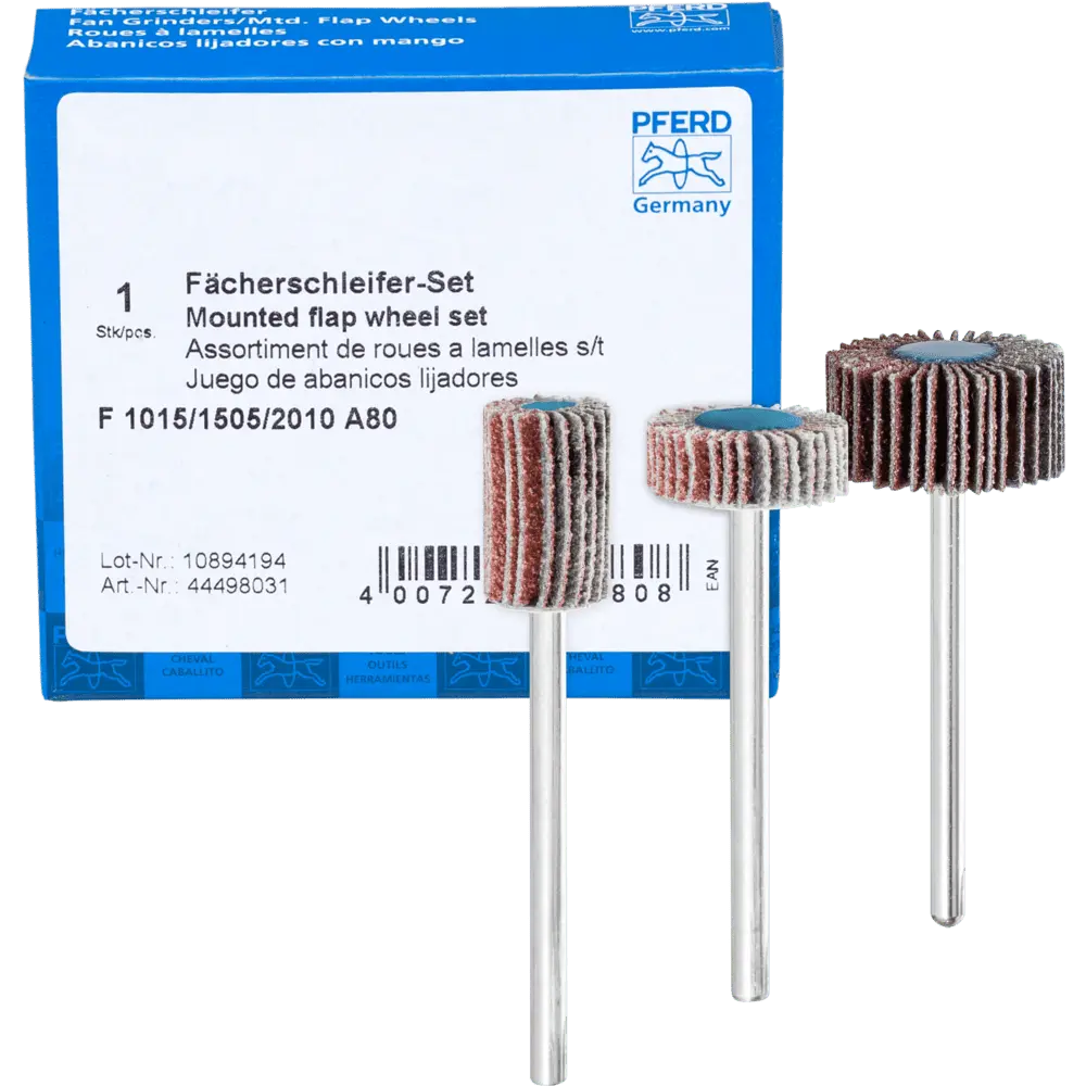 Produktfoto 1 von PFERD TOOLS Fächerschleifer-Set Korund A 80 Ø10x15mm, Ø15x5mm und Ø20x10mm Schaft-Ø3mm für Feinschliff & Finish
