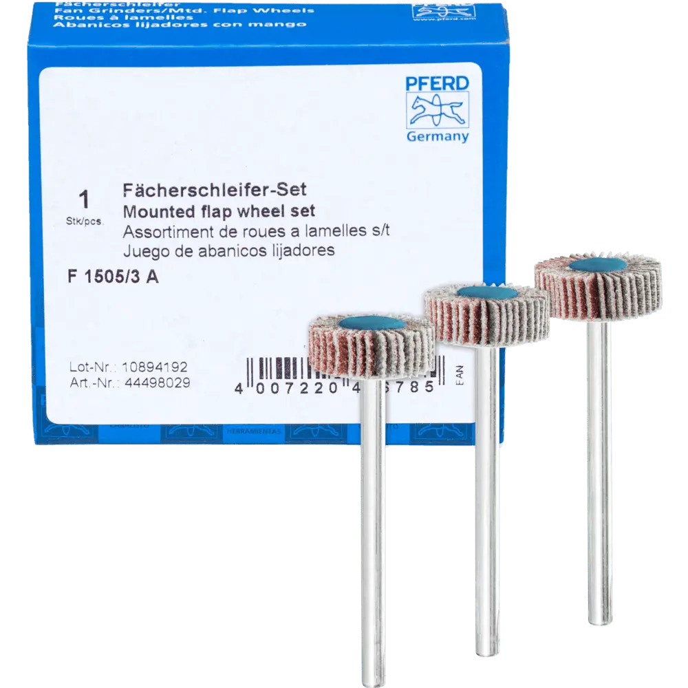Produktfoto 1 von PFERD TOOLS Fächerschleifer-Set Korund Ø15x5mm Schaft-Ø3mm A 80,120 und 180 für Feinschliff & Finish