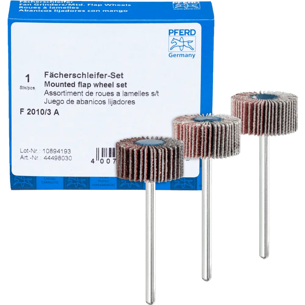 Produktfoto 1 von PFERD TOOLS Fächerschleifer-Set Korund Ø20x10mm Schaft-Ø3mm A 80,120 und 180 für Feinschliff & Finish