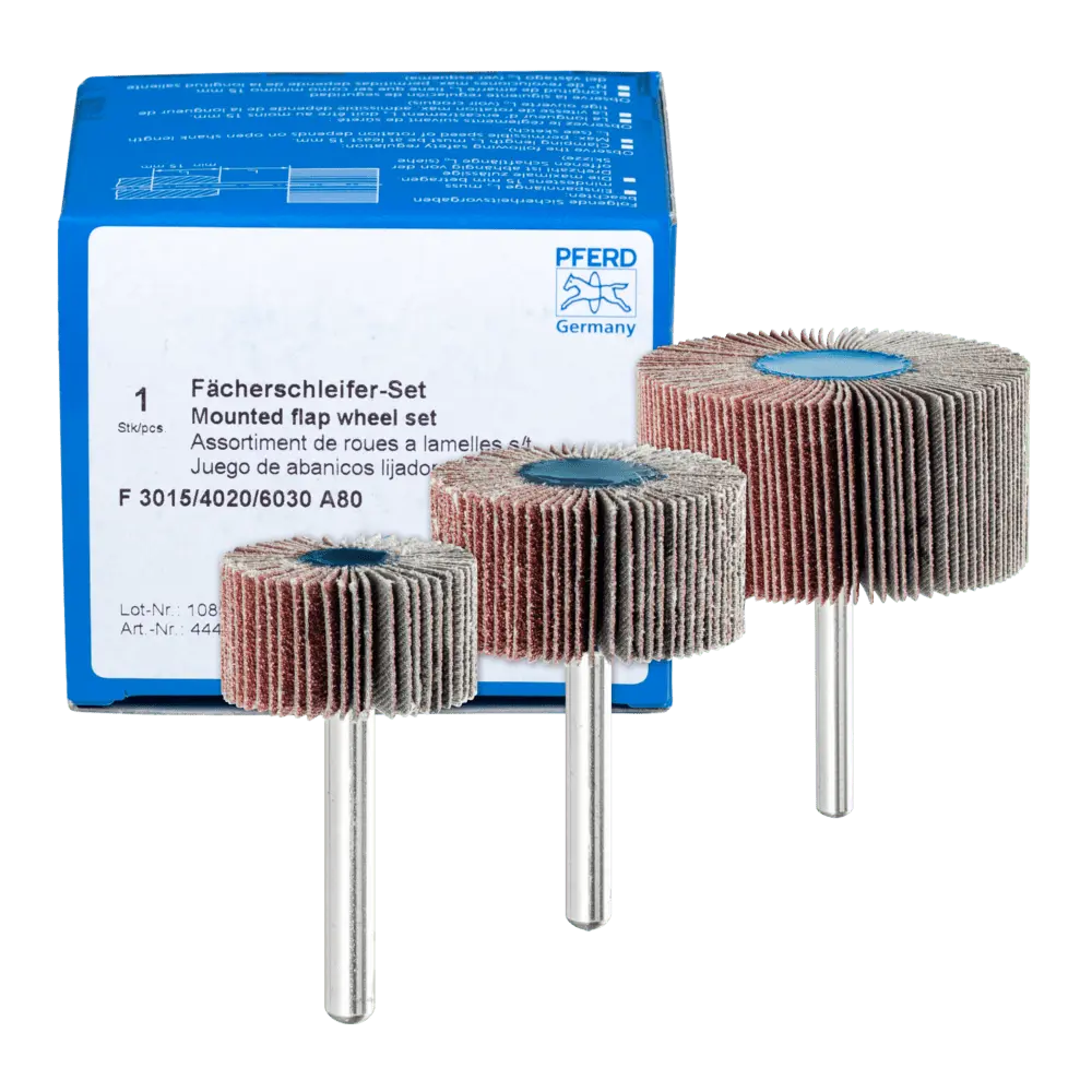Produktfoto 1 von PFERD TOOLS Fächerschleifer-Set Korund A 80 Ø30x15mm, Ø40x20mm und Ø60x30mm Schaft-Ø6mm für Feinschliff & Finish