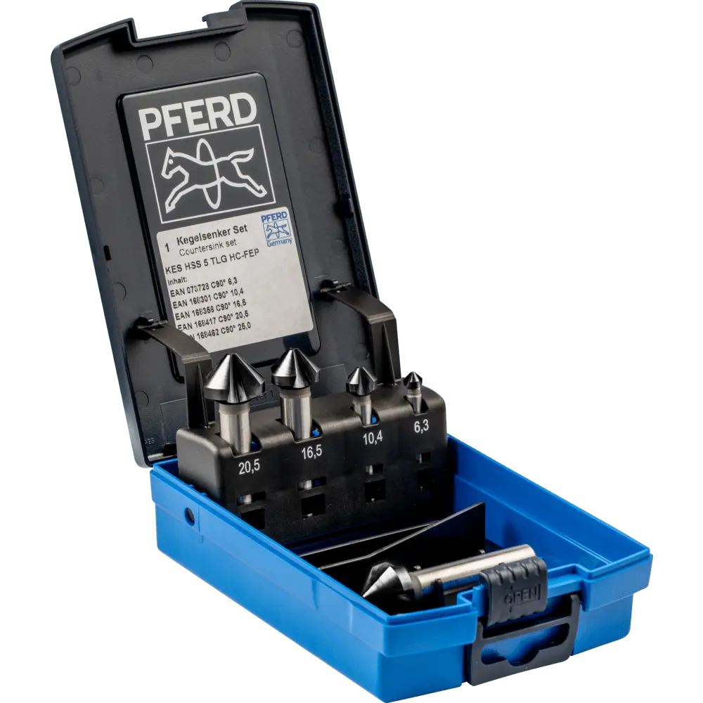 Produktfoto 1 von PFERD TOOLS HSS-Kegelsenker-Sets 5-tlg. DIN 335 C 90° mit HICOAT-Beschichtung HC-FEP