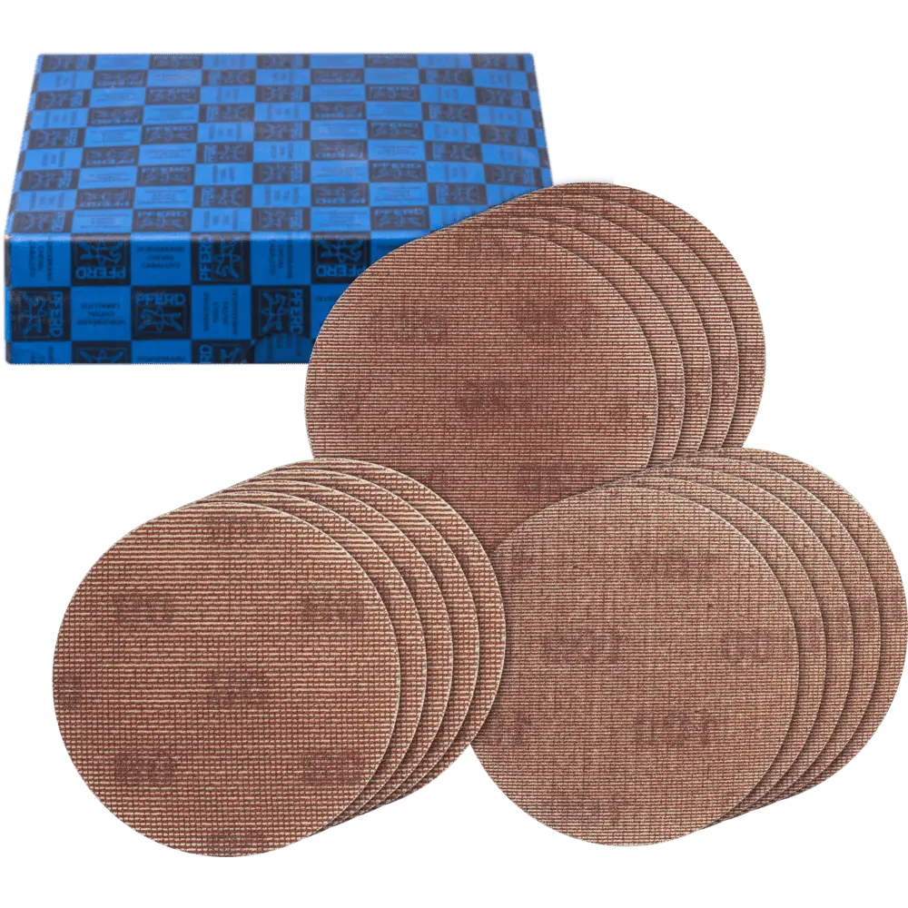 Produktfoto 1 von PFERD TOOLS Netz-Klettscheiben Set Grob 15-tlg. Ø 150 A80,100,120 staubarm auf Exzenterschleifer