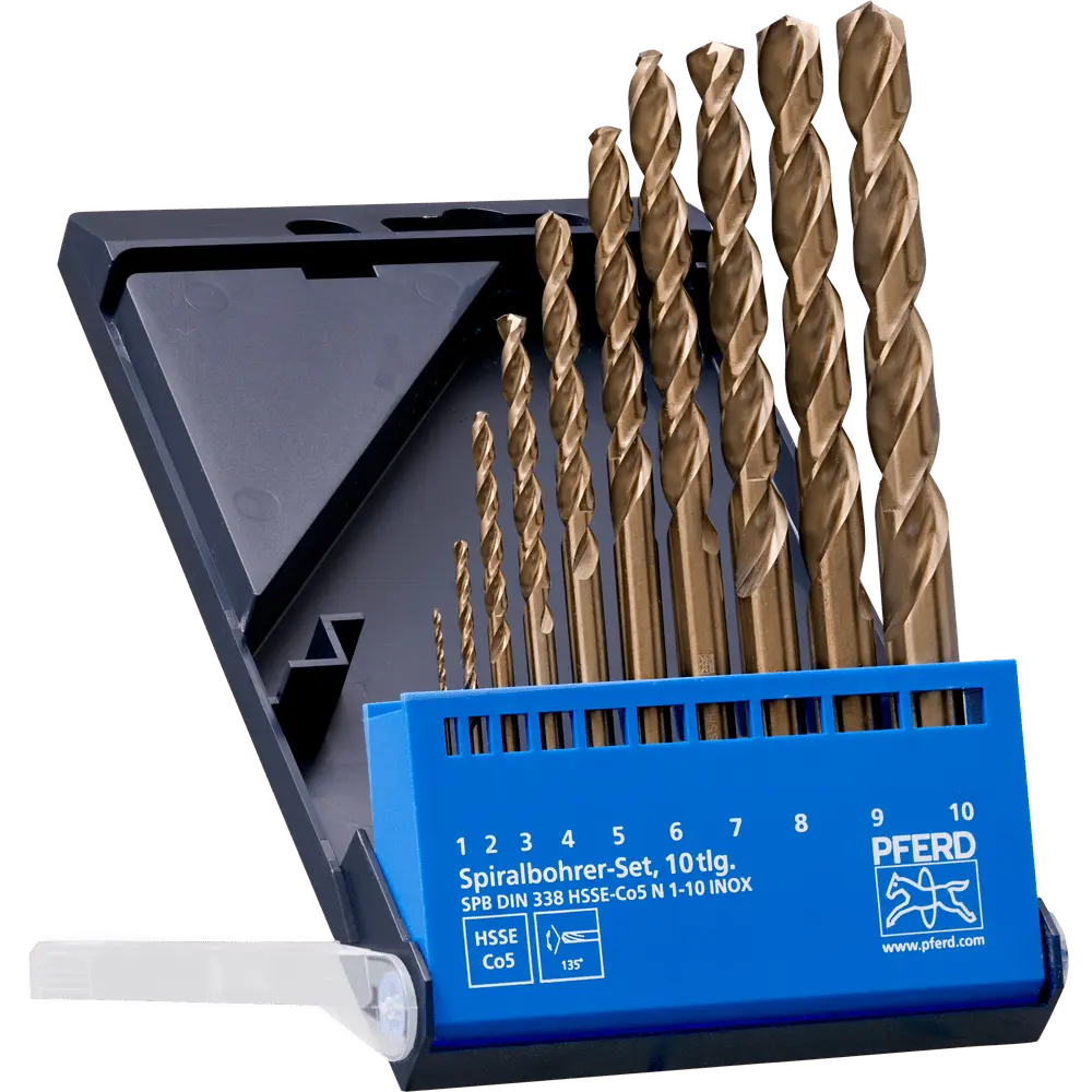 Produktfoto 1 von PFERD TOOLS Spiralbohrer-Set 10-tlg. INOX HSSE N DIN 338 für zähe und harte Werkstoffe