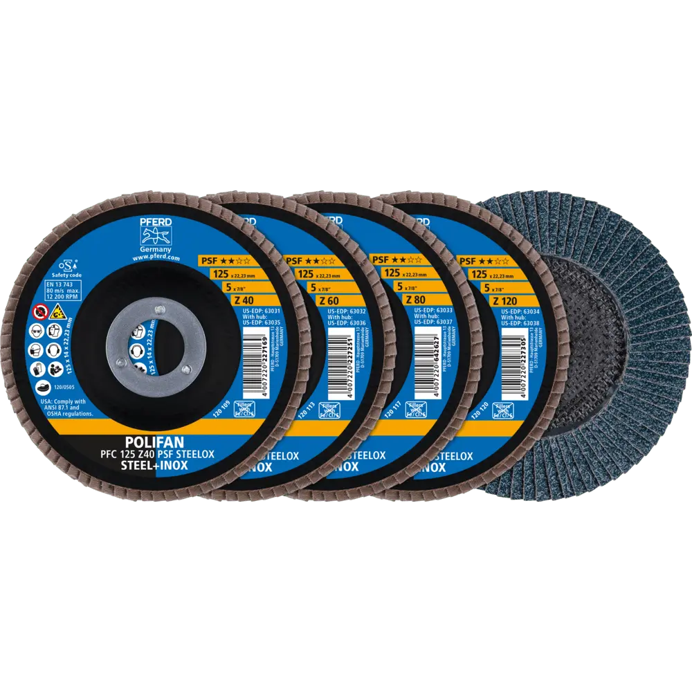 Produktfoto 1 von PFERD TOOLS POLIFAN Fächerscheiben Set PFC 125 konisch Z40/60/80/120 PSF STEELOX für Stahl/Edelstahl