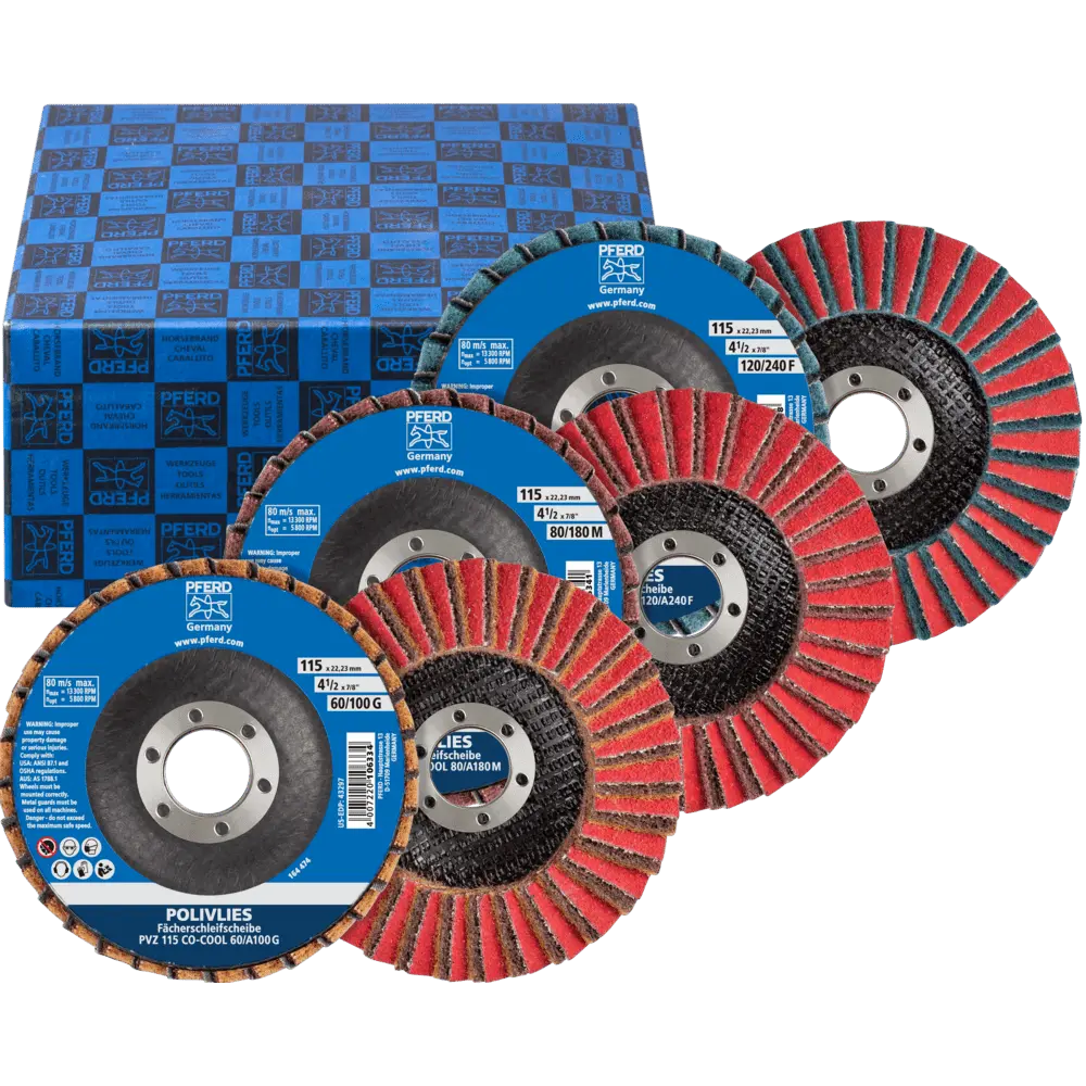 Produktfoto 1 von PFERD TOOLS POLIVLIES-Fächerscheiben Set PVZ Keramik Ø115mm Bohrung Ø22,23mm CO-COOL60/G,80/M,120/F