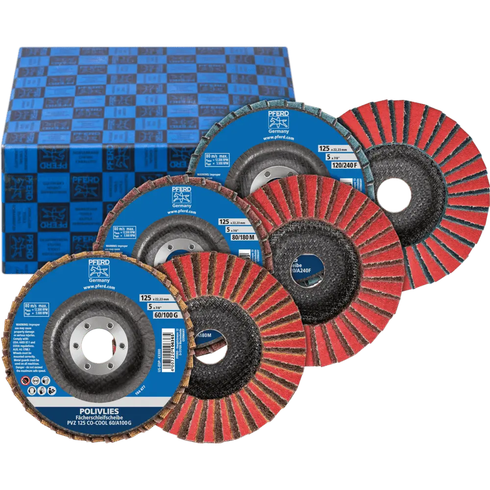 Produktfoto 1 von PFERD TOOLS POLIVLIES-Fächerscheiben Set PVZ 3-tlg. Keramik Ø 125 mm Boh. Ø 22,23 mm CO-COOL60/G,80/M,120/F