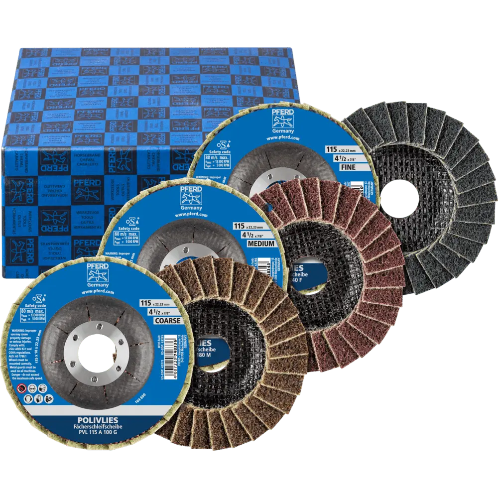 Produktfoto 1 von PFERD TOOLS POLIVLIES-Fächerscheiben-Set PVL Korund Ø115mm Bohrung Ø22,23mm A100,180,280