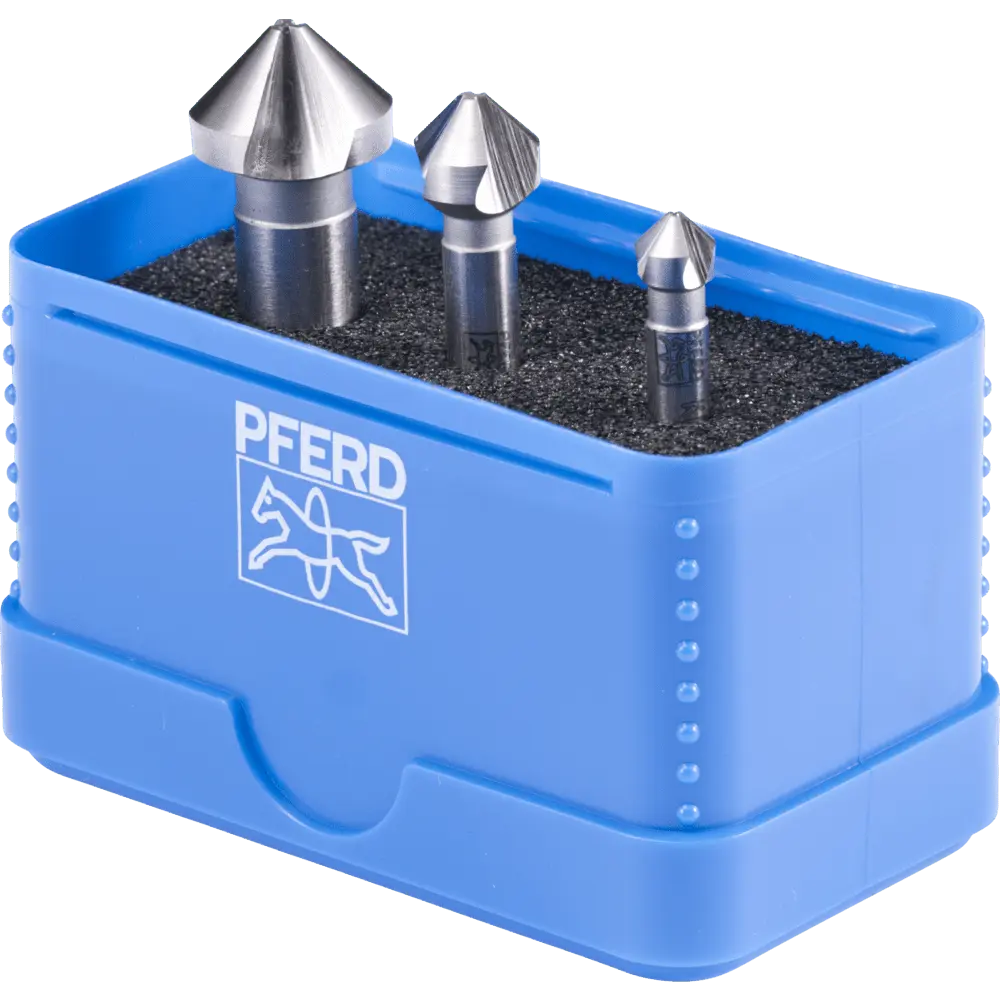 Produktfoto 1 von PFERD TOOLS HSSE-Kegelsenker-Set UGT 3-tlg. DIN 335 C 90° Ausführung Co5 mit Ungleichteilung