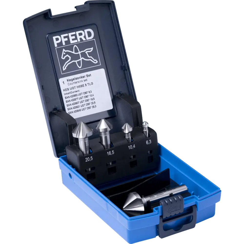 Produktfoto 1 von PFERD TOOLS HSSE-Kegelsenker-Set UGT 5-tlg. DIN 335 C 90° Ausführung Co5 mit Ungleichteilung