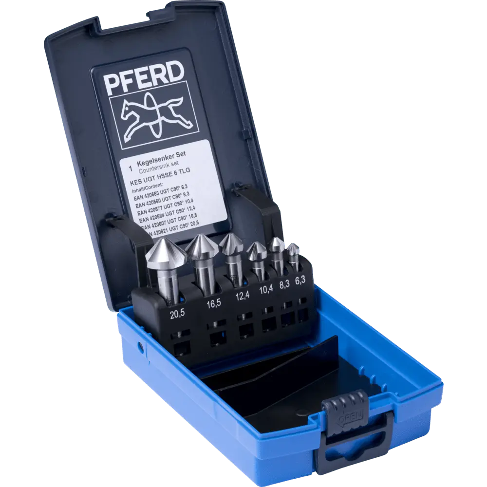 Produktfoto 1 von PFERD TOOLS HSSE-Kegelsenker-Set UGT 6-tlg. DIN 335 C 90° Ausführung Co5 mit Ungleichteilung