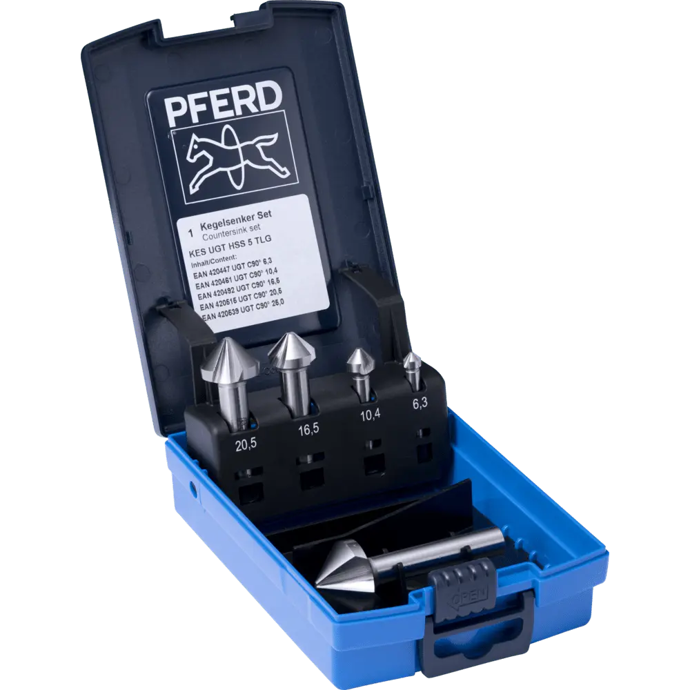 Produktfoto 1 von PFERD TOOLS HSS-Kegelsenker-Set UGT 5-tlg. DIN 335 C 90° mit Ungleichteilung