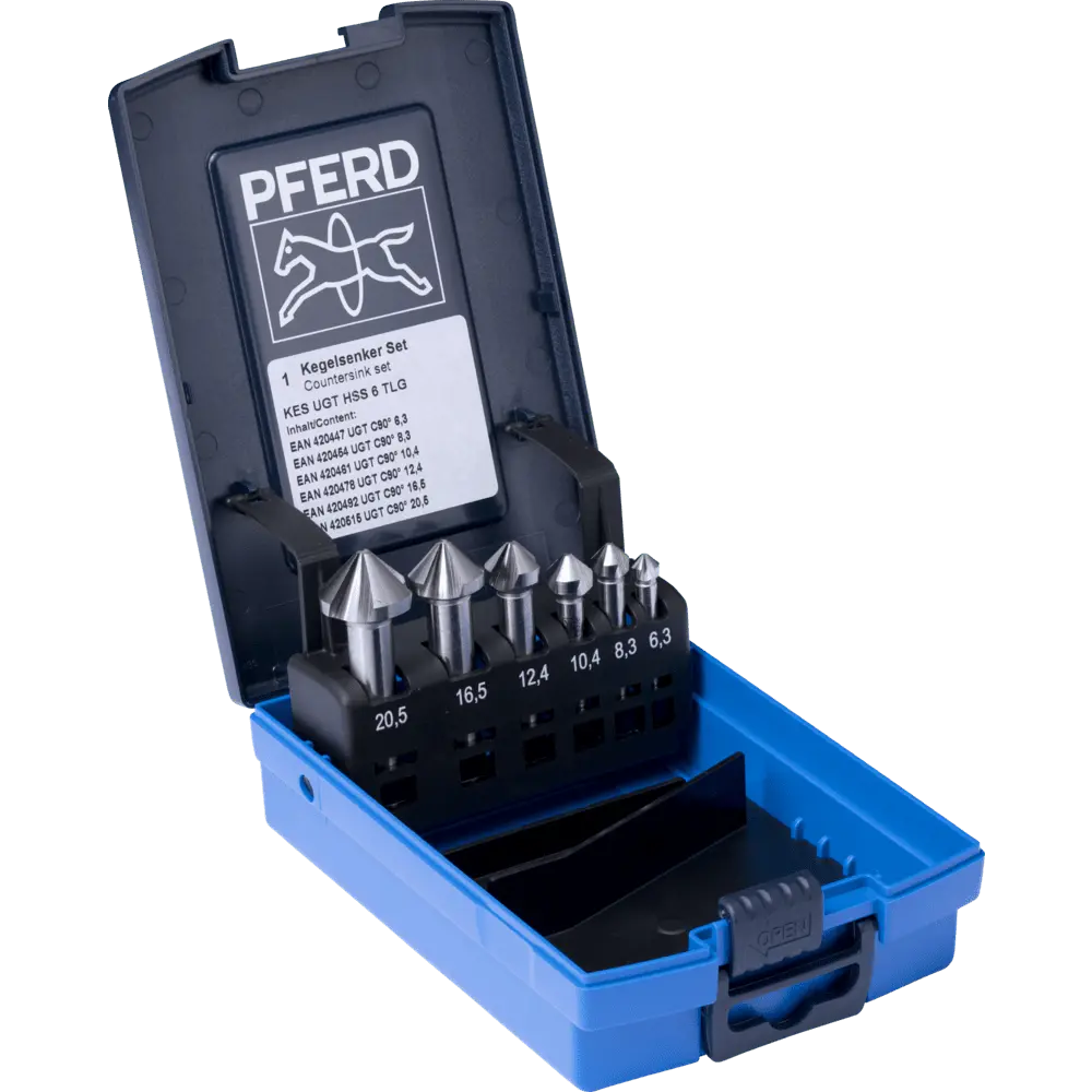 Produktfoto 1 von PFERD TOOLS HSS-Kegelsenker-Set UGT 6-tlg. DIN 335 C 90° mit Ungleichteilung