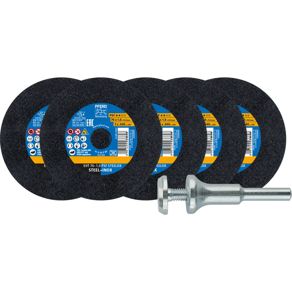 Produktfoto 1 von PFERD TOOLS 5x Trennscheiben EHT 76x1,0x10 mm gerade PSF STEELOX für Stahl/Edelstahl mit 1x Aufspannbolzen
