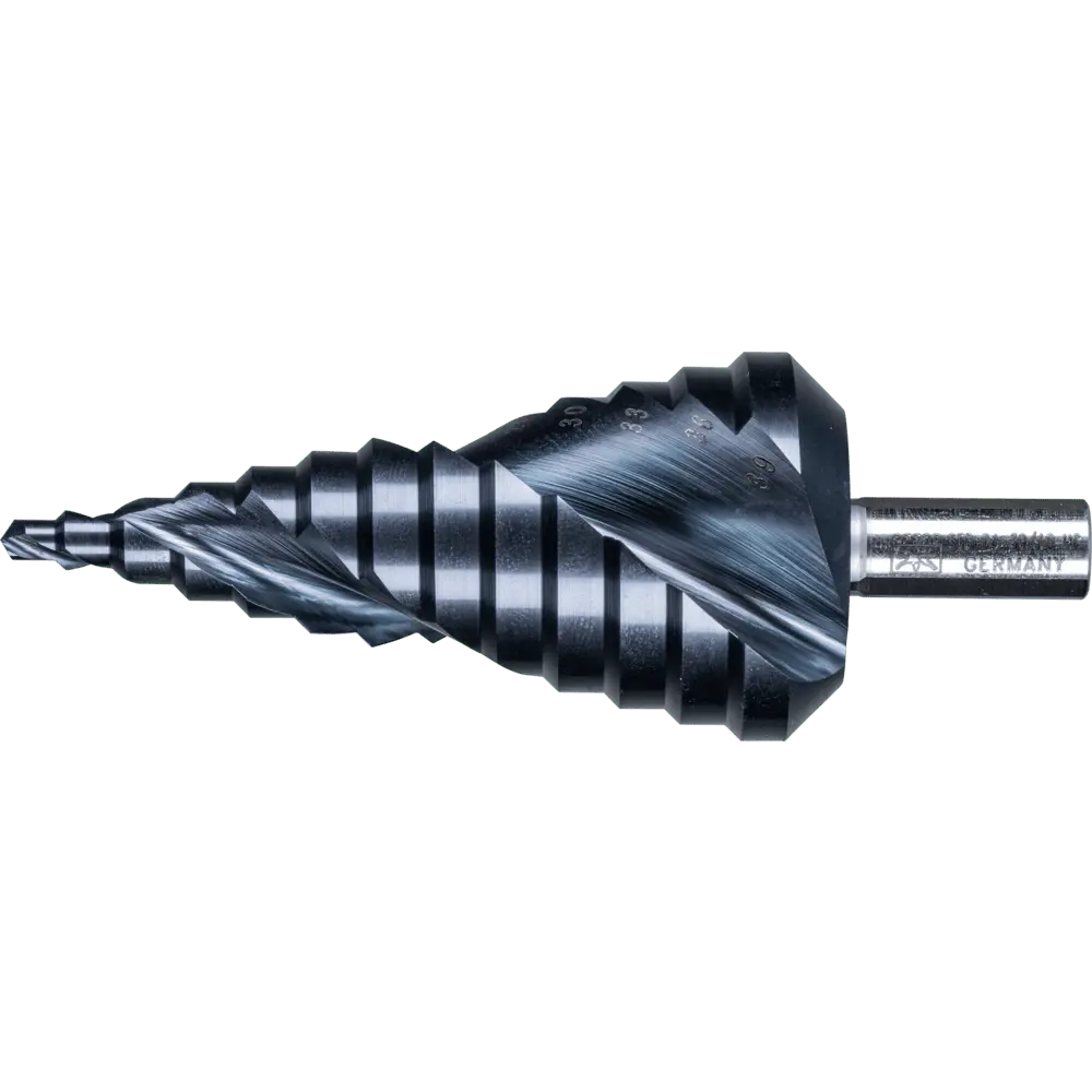 Produktfoto 1 von PFERD TOOLS Stufenbohrer HSS 13 Bohrstufen Ø 4-39 mm 3-Flächenschaft-Ø 10mm HICOAT beschichtet