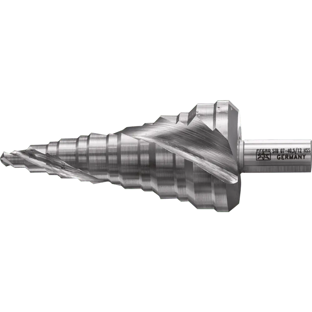 Produktfoto 1 von PFERD TOOLS Stufenbohrer HSS 13 Bohrstufen Ø 7-40,5 mm 3-Flächenschaft-Ø 12 mm, abgestimmt auf die gängigen Durchmesser von Kabelrohrverschraubungen