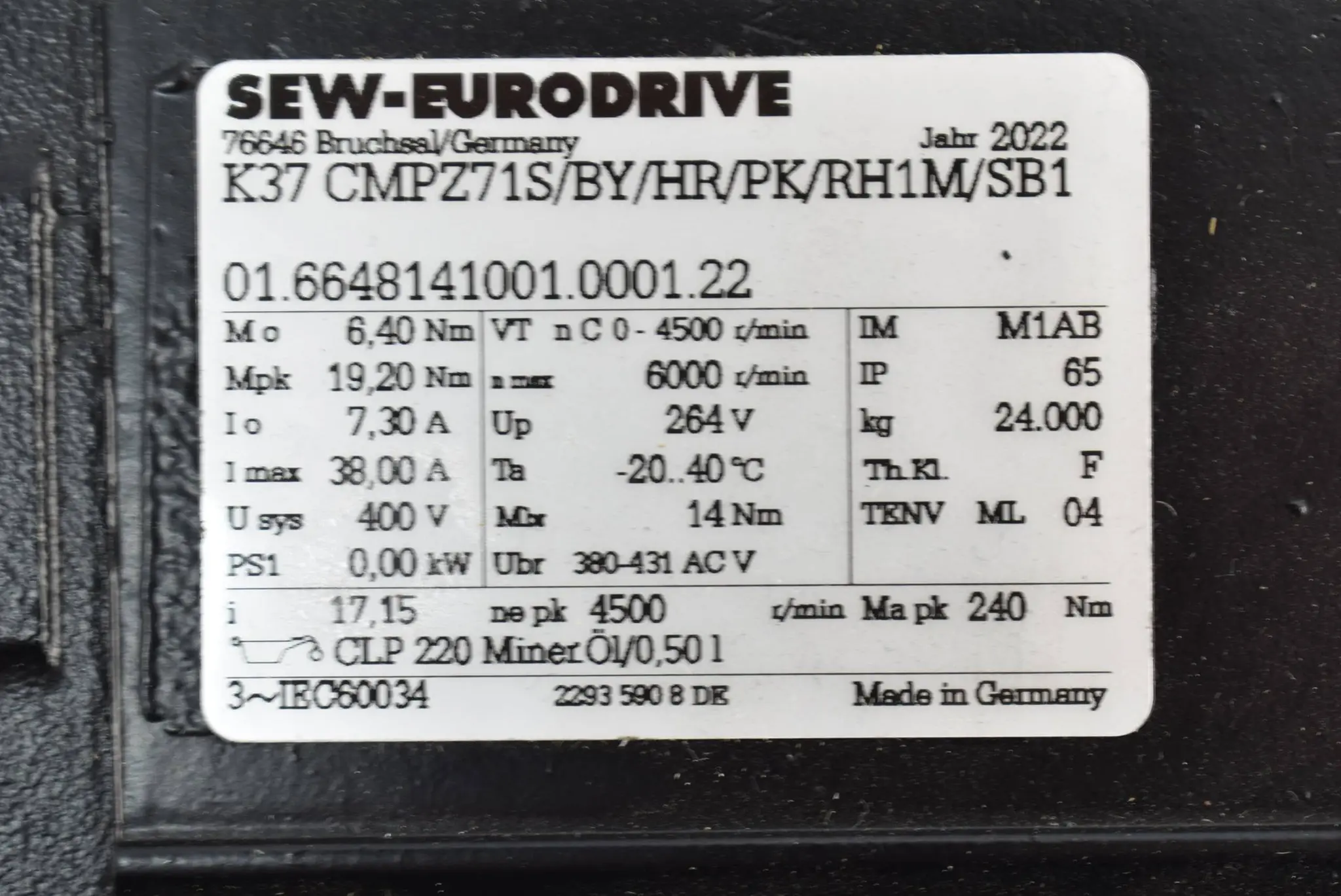 Produktfoto 1 von SEW Getriebemotor K37 max. 6000 r/min CMPZ71S/BY/HR/PK/RH1M/SB1