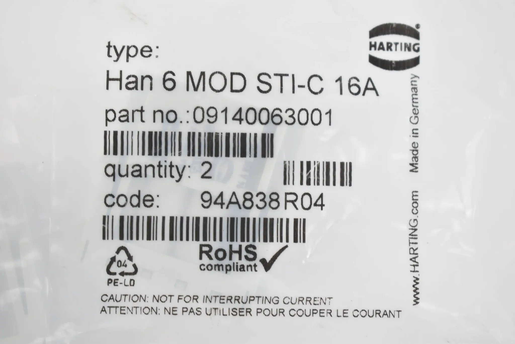 Produktfoto 1 von Harting Han 6 MOD STI-C 16A ( 09140063001 ) 2 Stk.