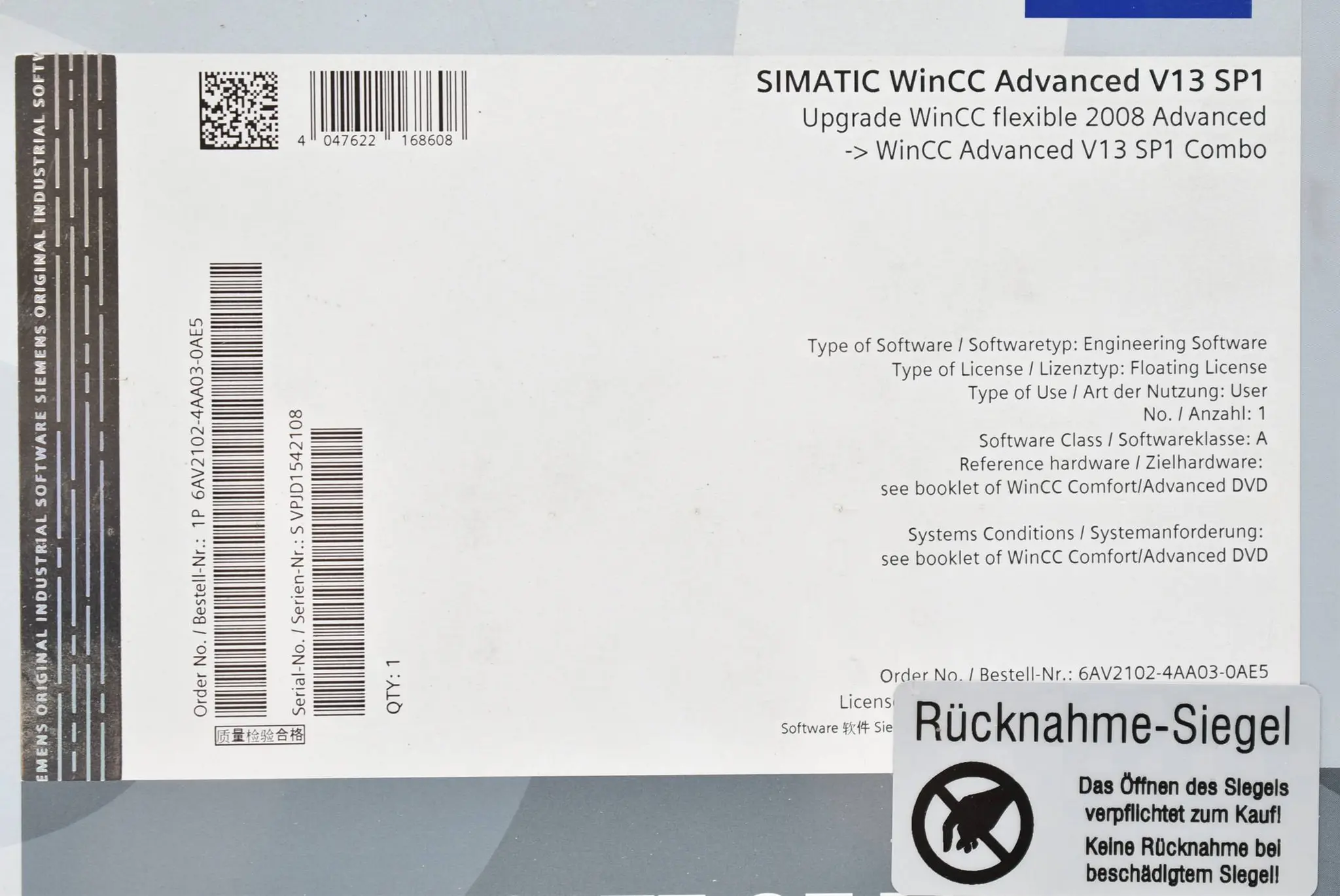 Produktfoto 1 von Siemens simatic WinCC Advanced V13 SP1 Upgrade WinCC flexible 6AV2102-4AA03-0AE5