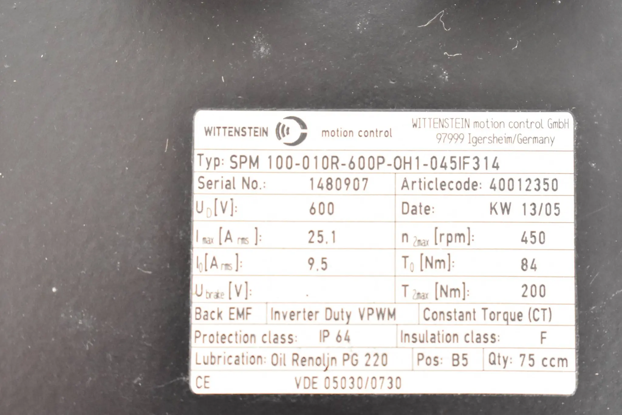 Produktfoto 1 von Wittenstein Motor SPM 100-010R-600P-0H1-045IF314 ( SPM100010R600P0H1045IF314 )
