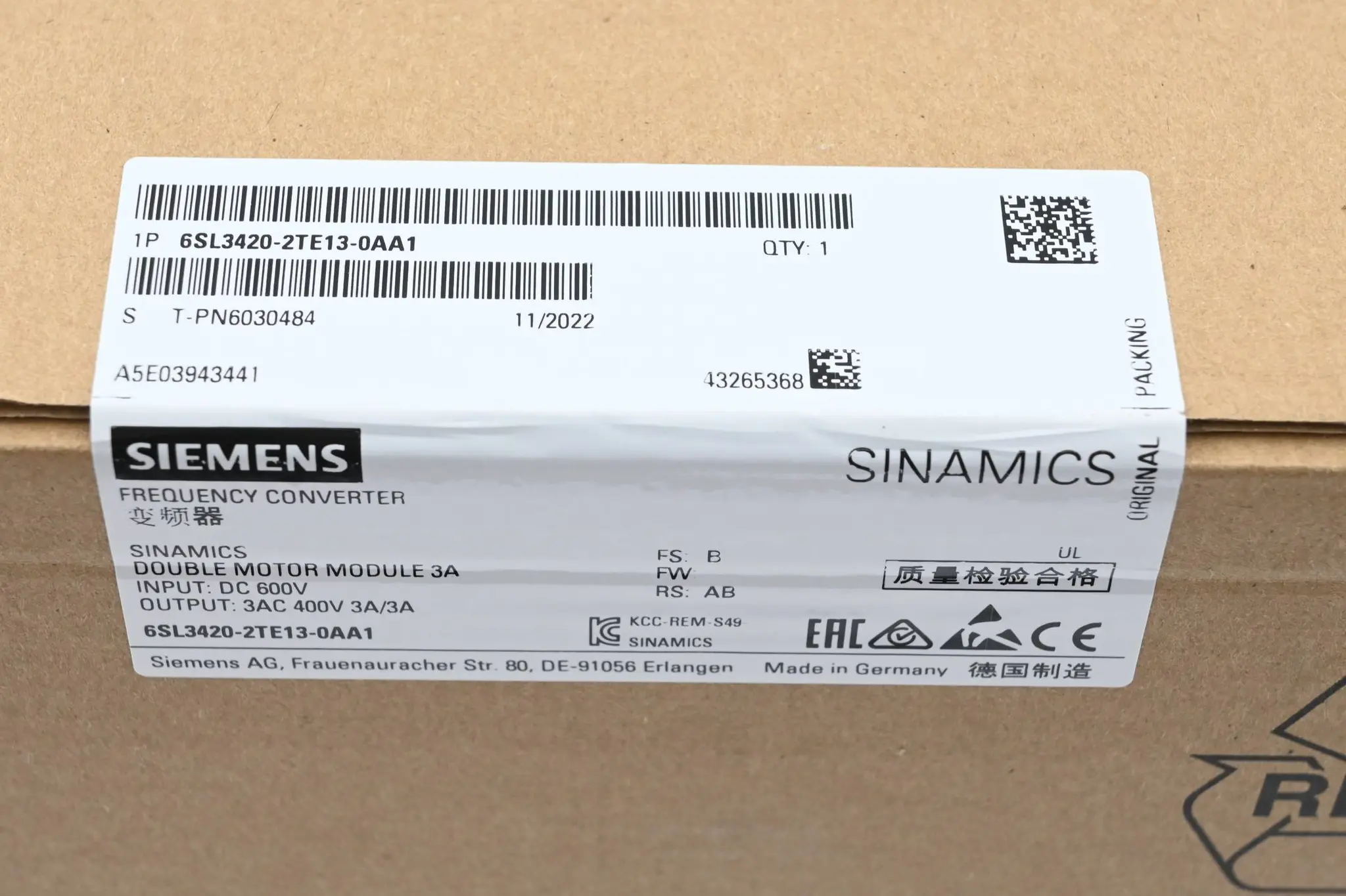Produktfoto 1 von Siemens Sinamics Frequenzumrichter 6SL3420-2TE13-0AA1 ( 6SL3420-2TE13-0AA1 ) E.B