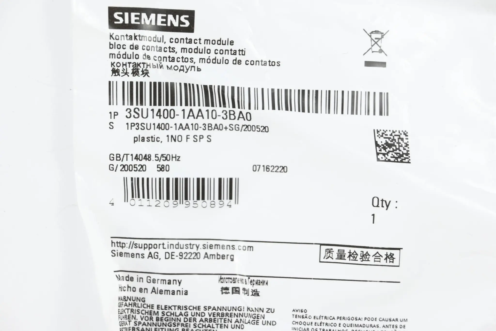 Produktfoto 1 von Siemens 2 Stück Kontaktmodul 3SU1400-1AA10-3BA0 ( 3SU1 400-1AA10-3BA0 )