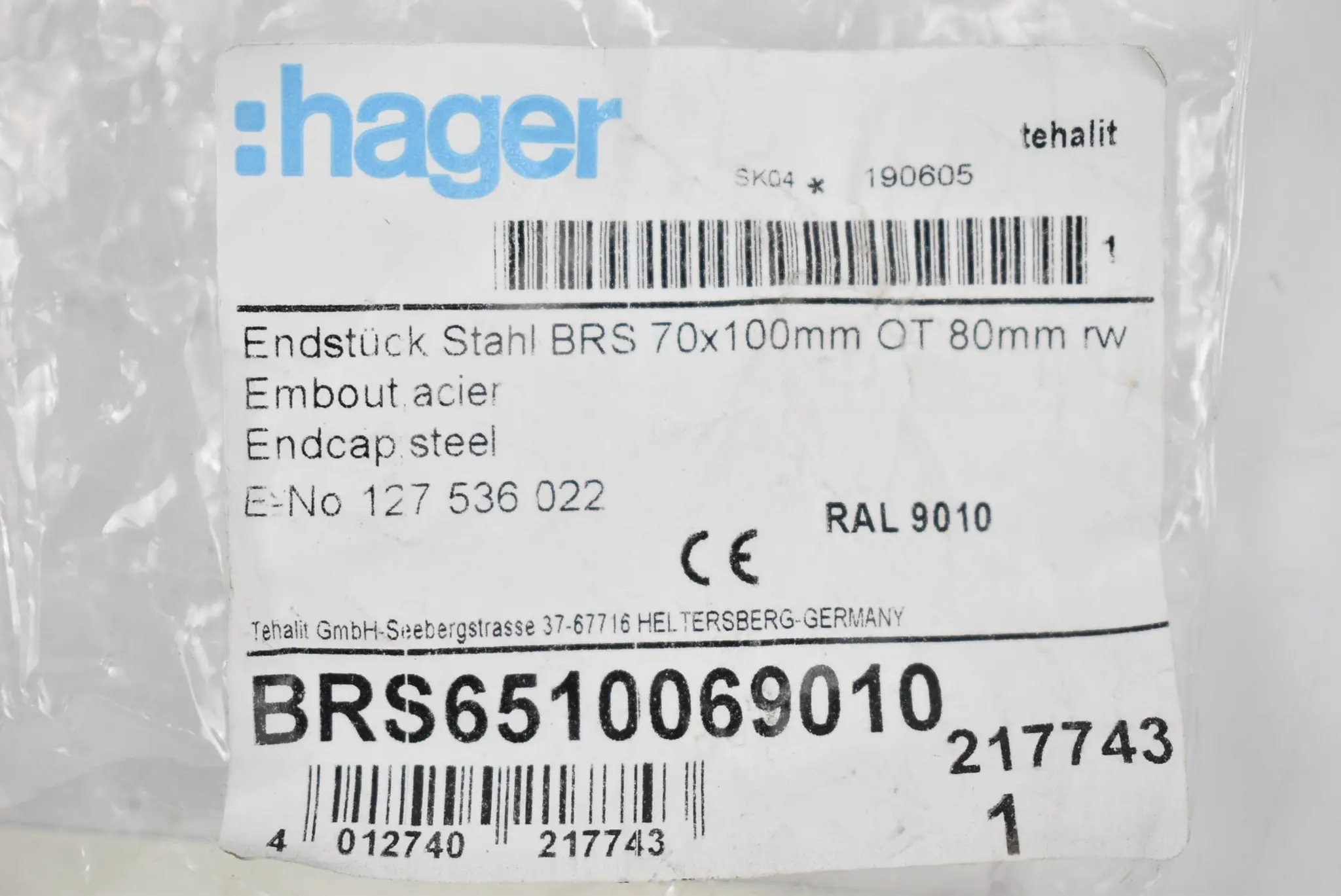 Produktfoto 1 von Hager Endstück Stahl BRS 70x100mm OT 80mm BRS6510069010